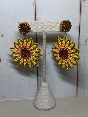 Earrings Sunflower Seed Bead Statement Pierced Dangle Drop